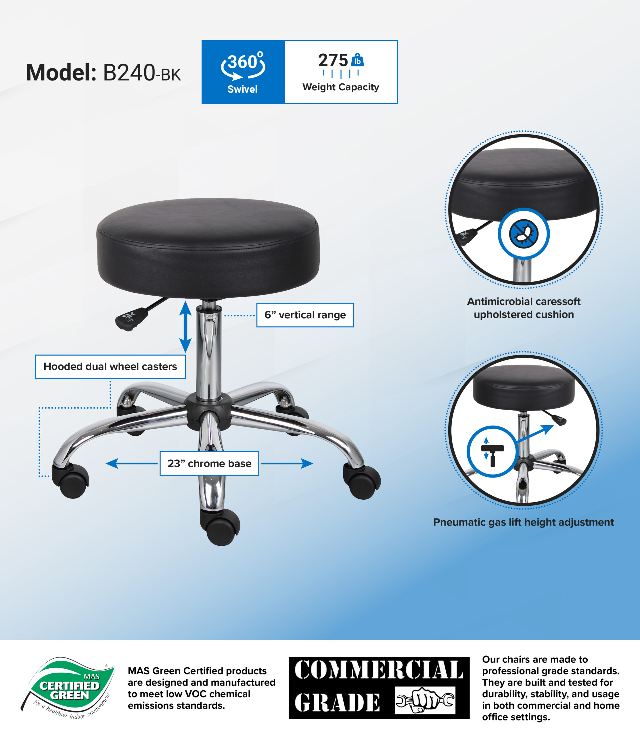Boss Black Antimicrobial Vinyl Medical Stool